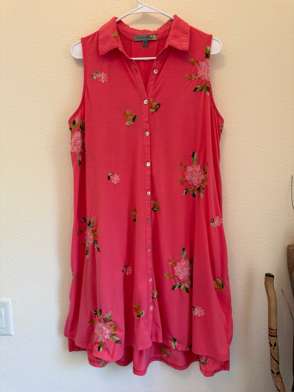 Figueroa & Flowers Embroidered Floral Shirt Dress Pink Sleeveless Medium